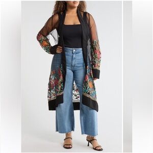 Liv Los Angeles Sheer Black Floral Mesh Sheer Kimono Longline Duster XL NEW